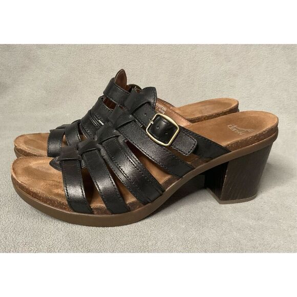 DANSKO Slide Sandals Women 10,5(41 )Dina Black Leather High Heel Stappy Open Toe - Picture 2 of 9